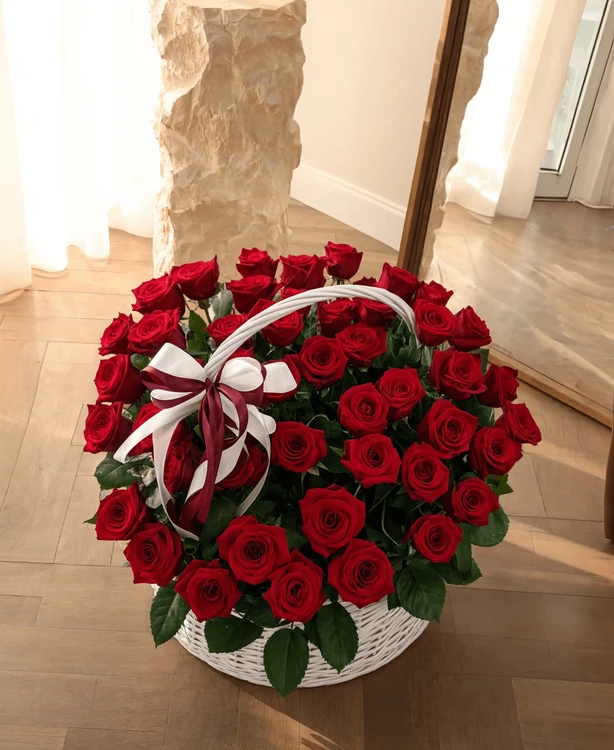 Алое сердце · корзина, 51 роза